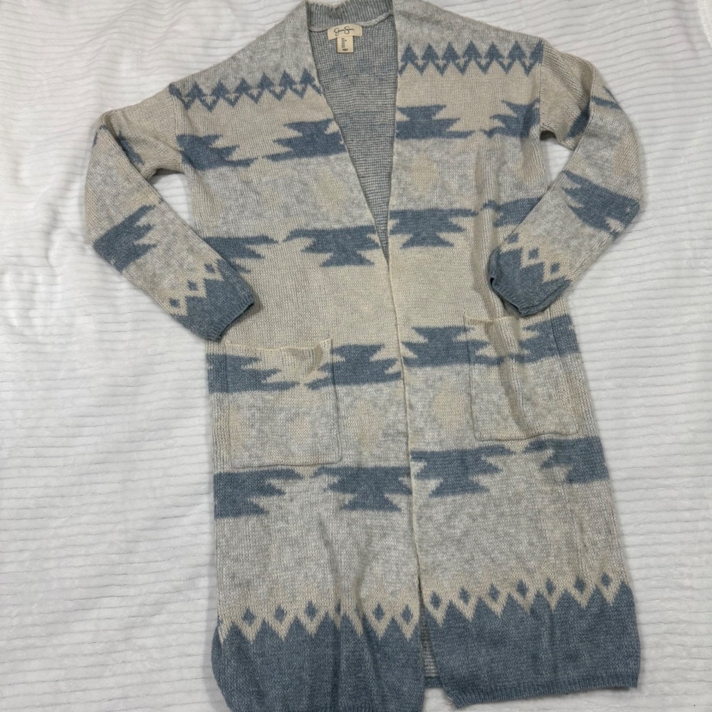 Jessica Simpson Womens Blue Cream Southwestern Aztec Longline Cardigan‎ Large